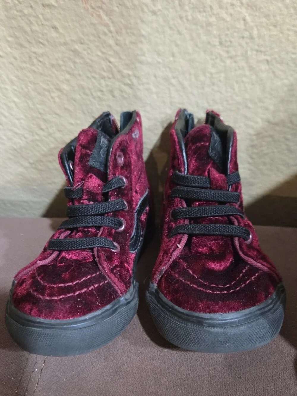 Vans Kids Burgundy Velvet High-Top Sneaker with Black Accents